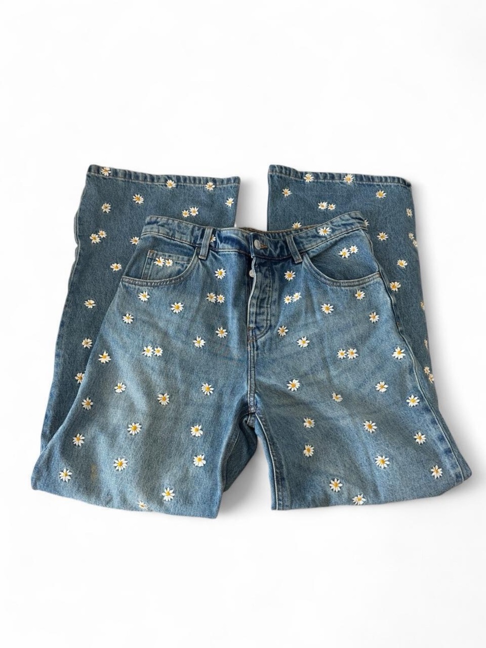 Mango Blue Denim Jeans with White & Yellow Daisy Embroidery